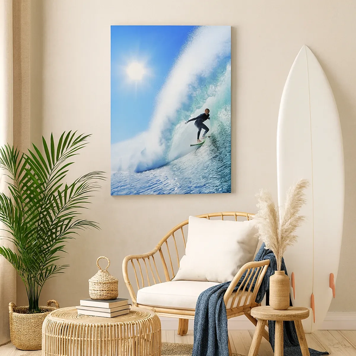 Bild auf Leinwand - Leinwandbild - Ein Surfer auf einem Brett reitet unter blauem Himmel auf einer starken Welle. - 50x70cm - Durch das große Blau - Moderne Wanddekoration für Wohnzimmer und Schlafzimmer ARTTOR