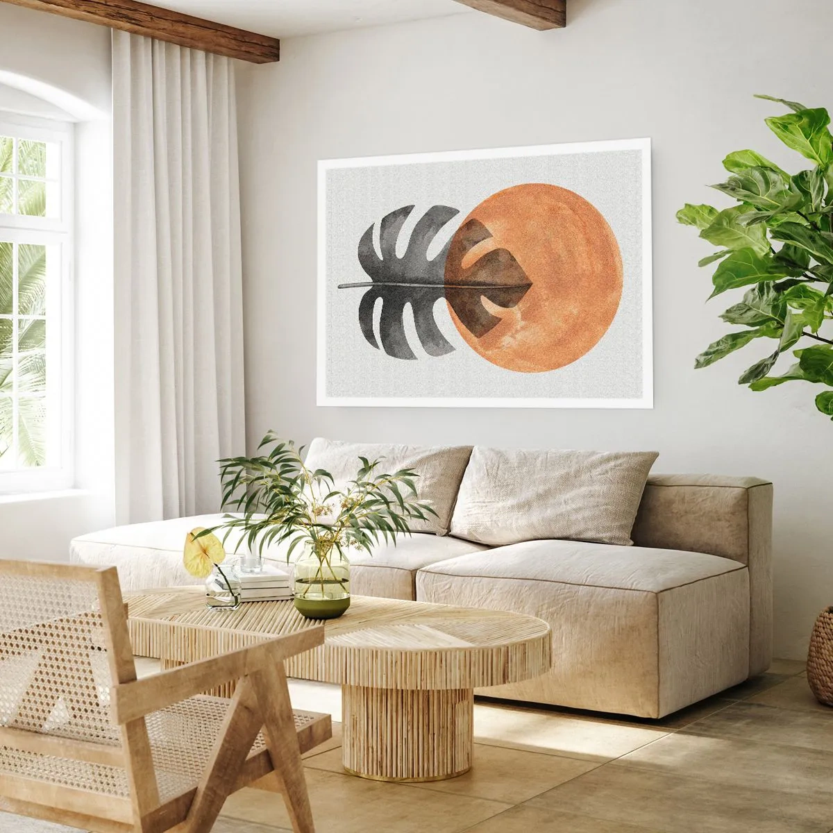 Poster - Monstera-Blatt und goldener Kreis auf hellem Hintergrund - 100x70cm - Immer die Sonne - Moderne Wanddekoration für Wohnzimmer und Schlafzimmer ARTTOR