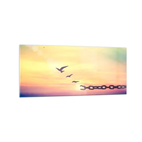 Glasbild - Bild auf glas - Symbol der Freiheit mit Vögeln und einer zerbrochenen Kette - 120x50cm - Der Sieg der Freiheit - Moderne Wanddekoration für Wohnzimmer und Schlafzimmer ARTTOR