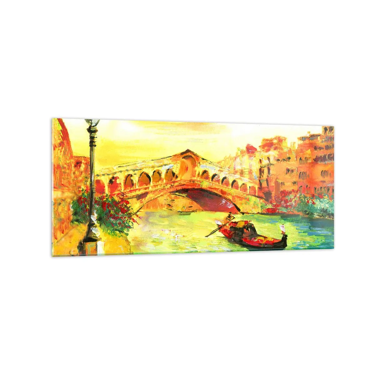 Glasbild - Bild auf glas - Eine malerische Brücke über den Kanal mit einer Gondel im Licht der untergehenden Sonne - 120x50cm - Eine Pilgerreise der Liebenden - Moderne Wanddekoration für Wohnzimmer und Schlafzimmer ARTTOR