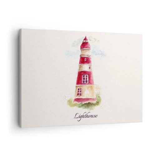 Bild auf Leinwand - Leinwandbild - Ein Aquarell eines Leuchtturms auf hellem Hintergrund mit einer Inschrift - 70x50cm - Das Wetter ringsum ist immer gut - Moderne Wanddekoration für Wohnzimmer und Schlafzimmer ARTTOR
