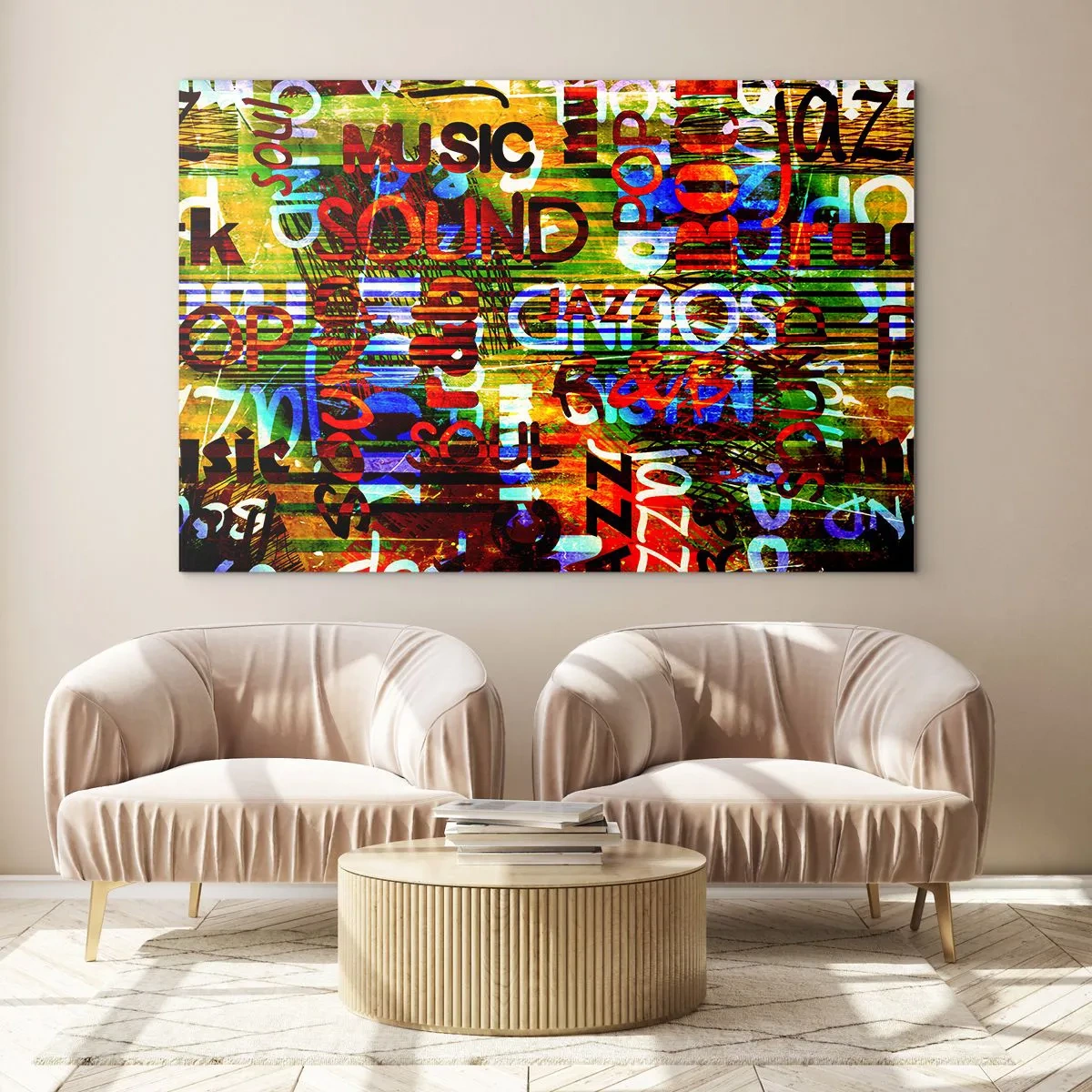 Glasbild - Bild auf glas - Bunte Inschriften auf einem künstlerischen Mosaikhintergrund - 70x50cm - Alle Farben des Klangs - Moderne Wanddekoration für Wohnzimmer und Schlafzimmer ARTTOR