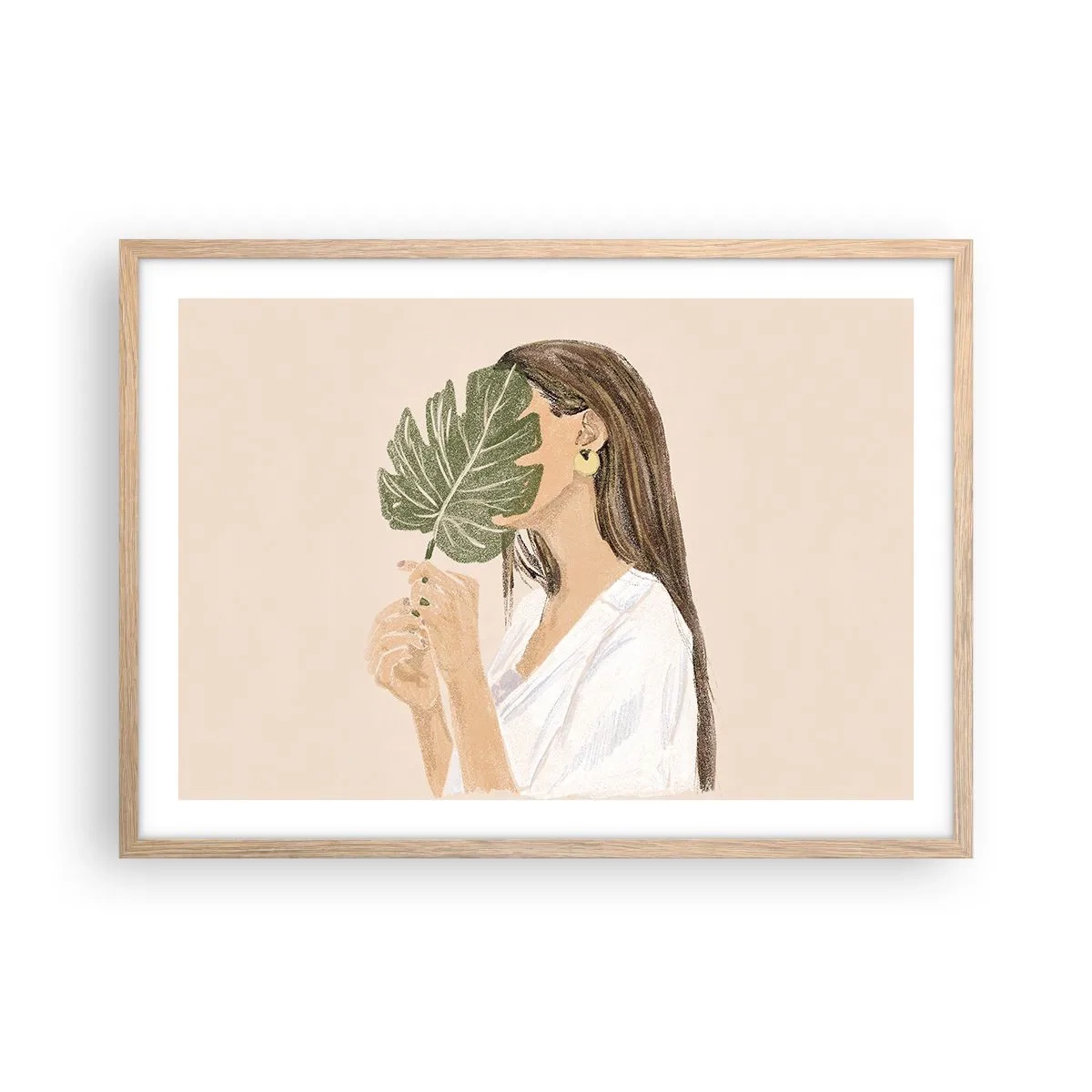 Poster in einem Rahmen aus heller Eiche - Geheimnisvolles Porträt mit Fächer - 70x50 cm