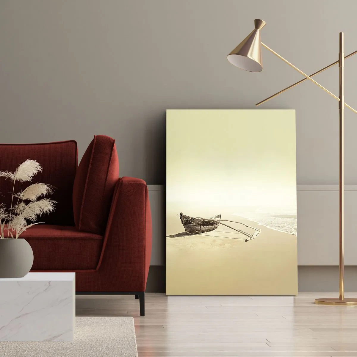 Bild auf Leinwand - Leinwandbild - Altes Fischerboot an einem Sandstrand - 50x70cm - Erinnerung an die Südsee - Moderne Wanddekoration für Wohnzimmer und Schlafzimmer ARTTOR