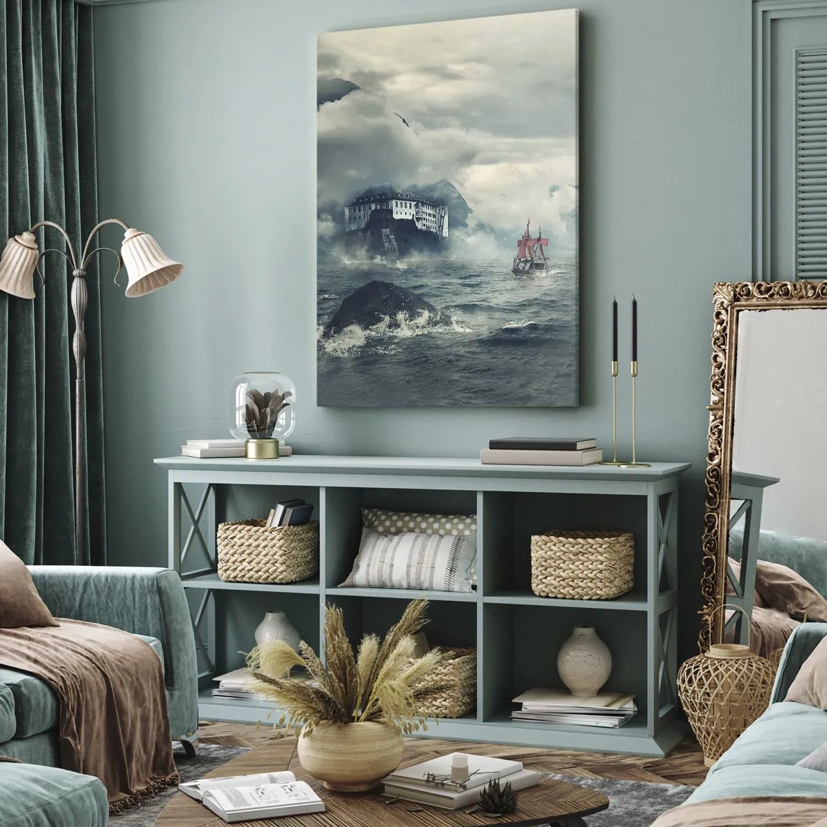 Bild auf Leinwand - Leinwandbild - Eine geheimnisvolle Landschaft mit einem Schloss, Bergen und einem Schiff - 50x70cm - In magischen Gewässern - Moderne Wanddekoration für Wohnzimmer und Schlafzimmer ARTTOR