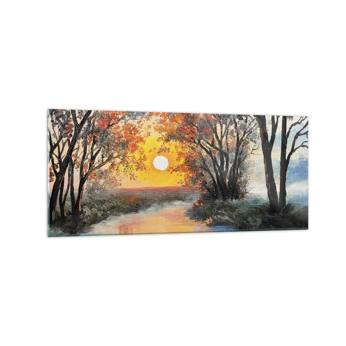Glasbild - Bild auf glas - Sonnenuntergang über dem Fluss in einer Herbstlandschaft - 120x50cm - Herbststimmung - Moderne Wanddekoration für Wohnzimmer und Schlafzimmer ARTTOR