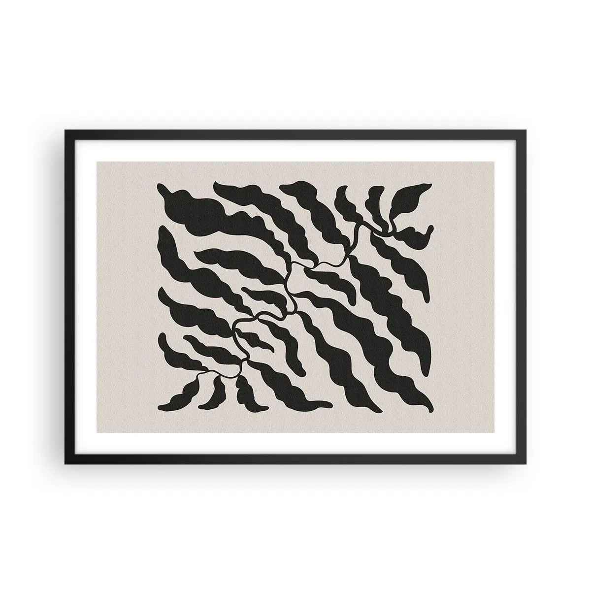 Poster in einem schwarzem Rahmen - Zweige mit Blättern in Schwarz auf hellem Hintergrund - 70x50cm - Natur des Quadrats - Moderne Wanddekoration für Wohnzimmer und Schlafzimmer ARTTOR