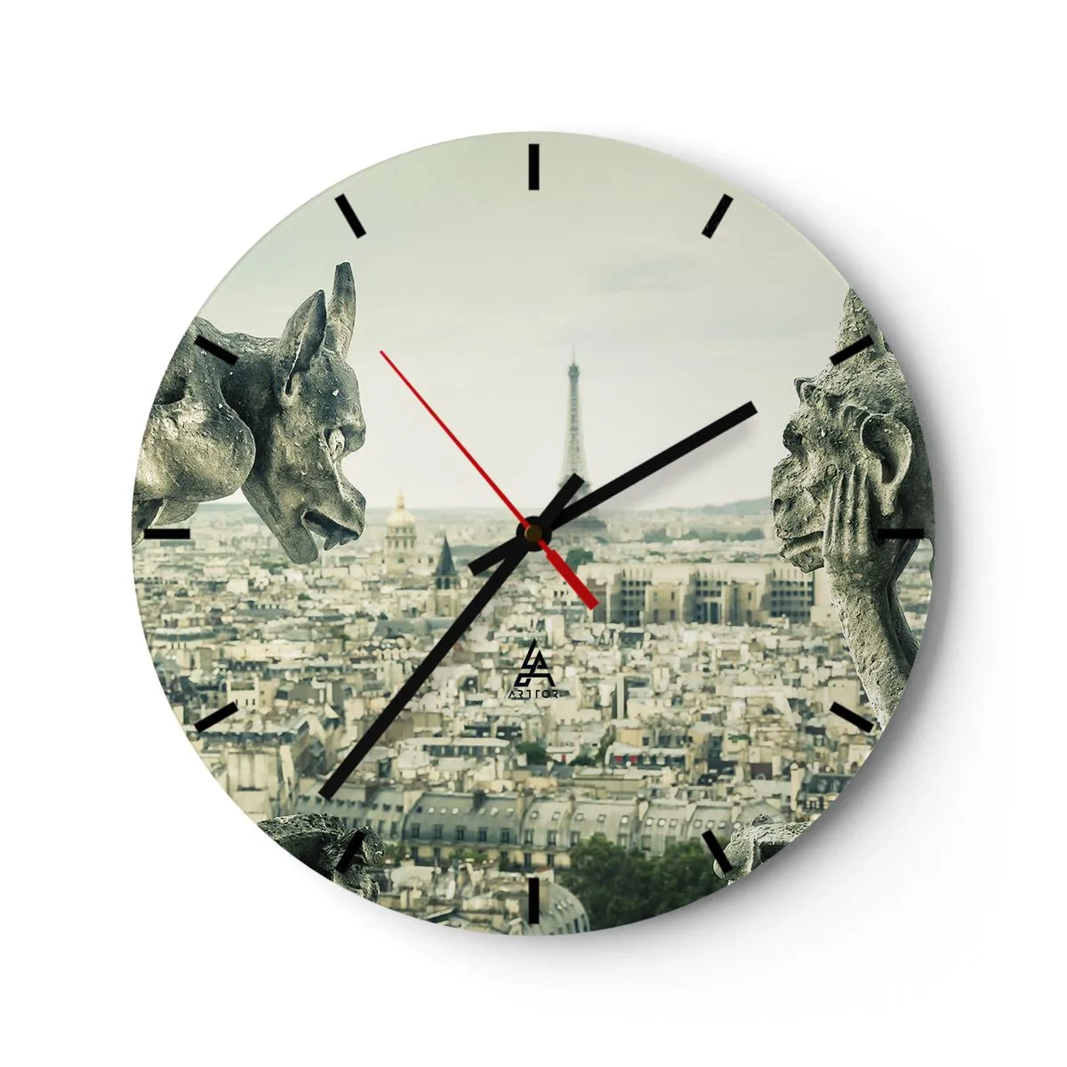 Wanduhr - Glasuhr - Steinerne Wasserspeier über Paris mit Blick auf den Eiffelturm - 30x30cm - Pariser Plaudern - Moderne Wanddekoration für Wohnzimmer, Küche und Schlafzimmer ARTTOR