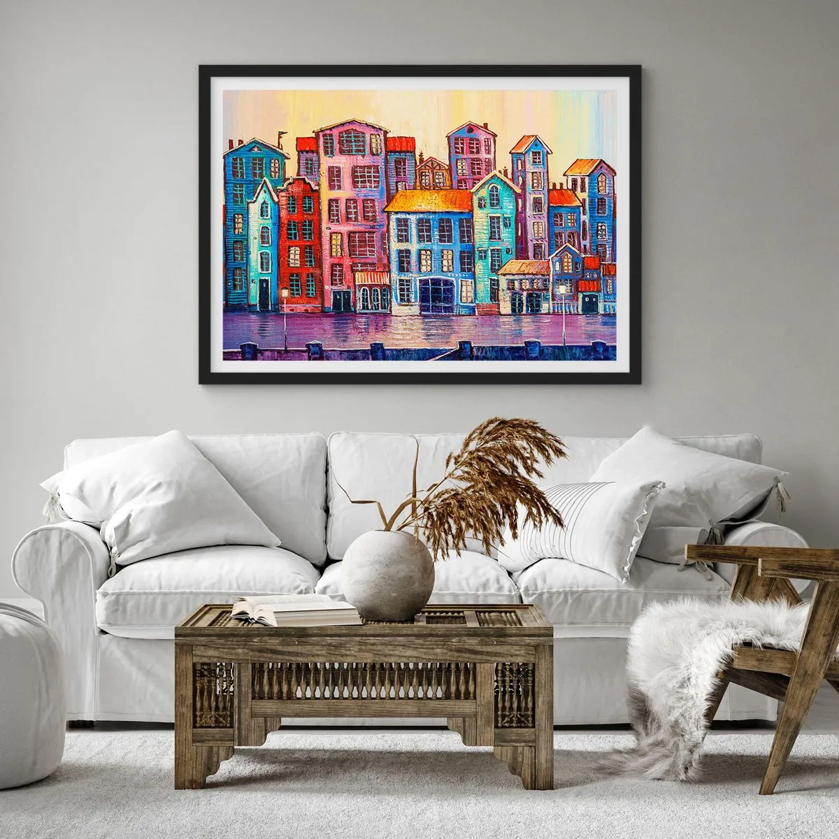 Poster in einem schwarzem Rahmen - Bunte Mietshäuser am Wasser im künstlerischen Stil - 70x50cm - Stadt wie aus einem Märchen - Moderne Wanddekoration für Wohnzimmer und Schlafzimmer ARTTOR