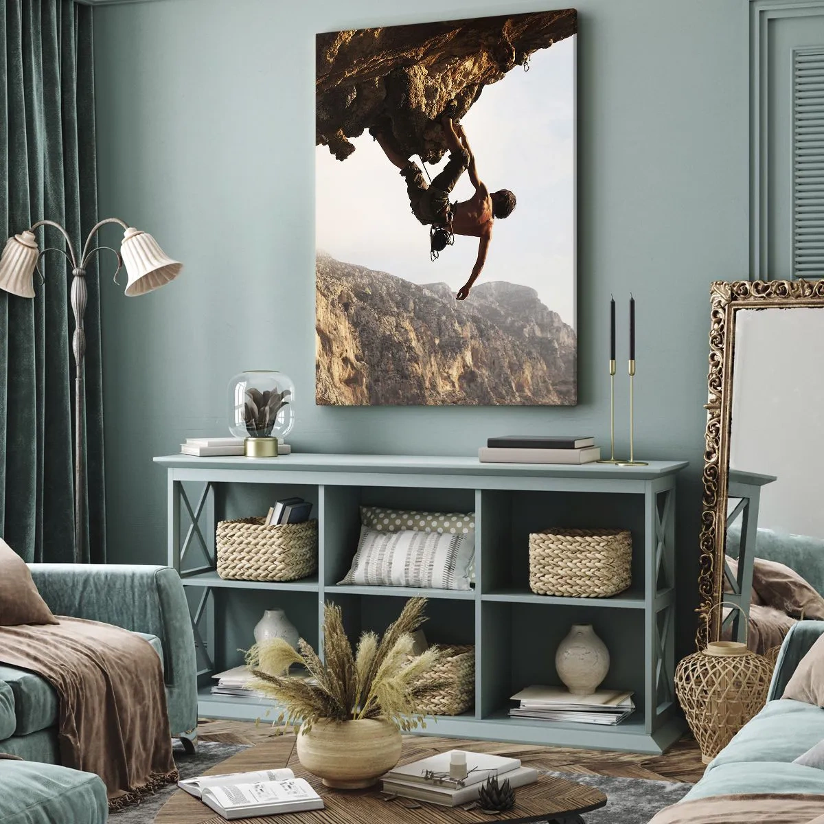 Bild auf Leinwand - Leinwandbild - Die Welt ist in einer Hand auf einem Felsblock geschrumpft - 55x100 cm