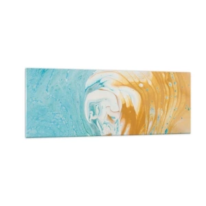Glasbild - Bild auf glas - Abstrakte Wellen in Blau- und Goldtönen auf Leinwand - 140x50cm - Pastellwirbel - Moderne Wanddekoration für Wohnzimmer und Schlafzimmer ARTTOR