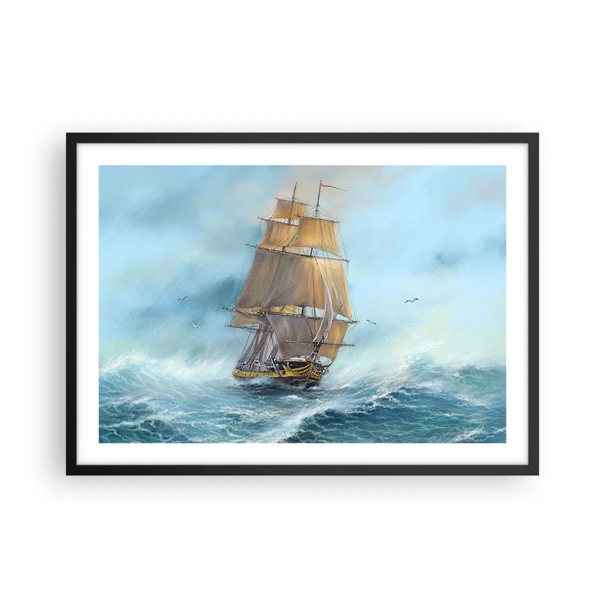 Poster in einem schwarzem Rahmen - Ein Segelschiff auf stürmischer See - 70x50cm - Über die Wellen gleiten - Moderne Wanddekoration für Wohnzimmer und Schlafzimmer ARTTOR