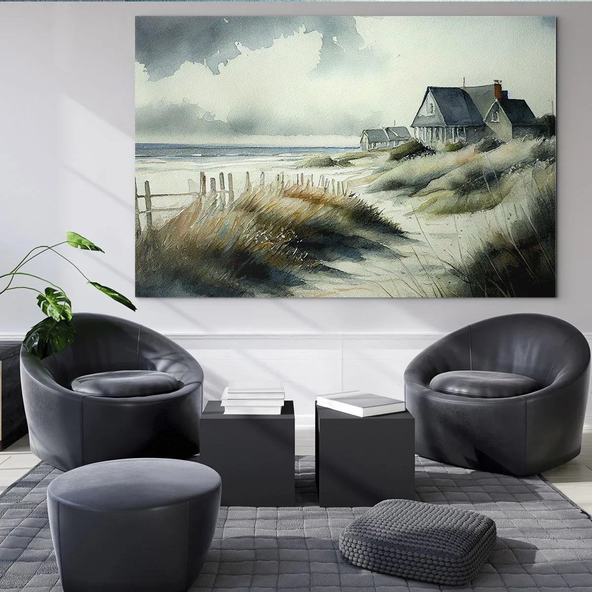 Glasbild - Bild auf glas - Dünenhäuser am Strand unter bewölktem Himmel - 100x70cm - Abseits vom Trubel - Moderne Wanddekoration für Wohnzimmer und Schlafzimmer ARTTOR