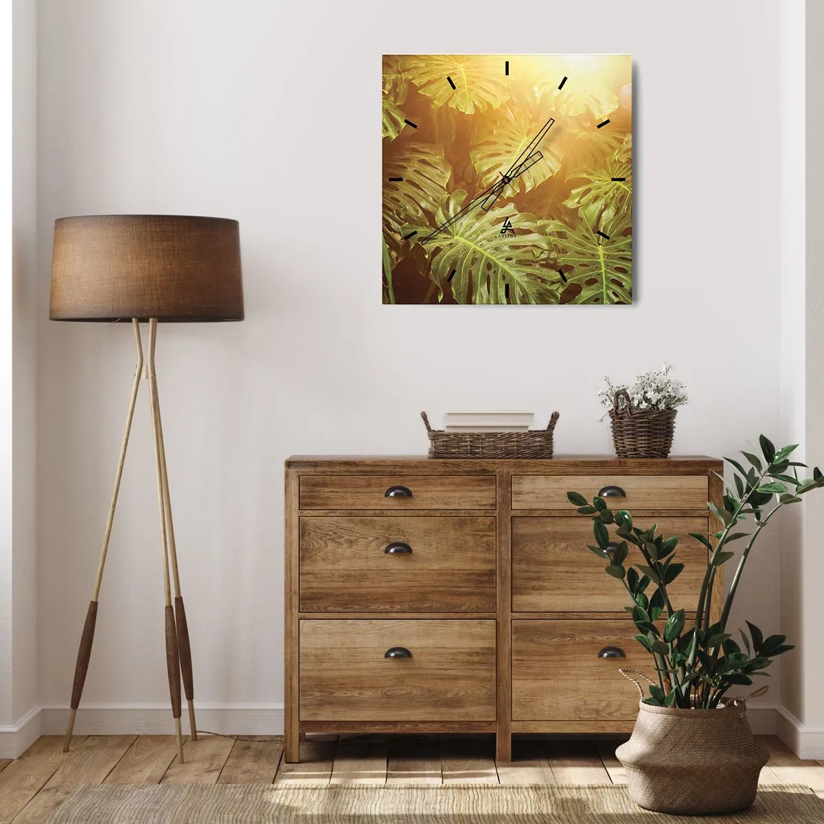 Wanduhr - Glasuhr - Monstera-Blätter im Sonnenlicht vor einem natürlichen Hintergrund - 30x30cm - Ins Grüne tretren... - Moderne Wanddekoration für Wohnzimmer und Schlafzimmer ARTTOR