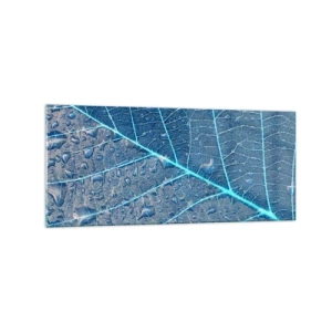 Glasbild - Bild auf glas - Ein Blatt in Blautönen mit Wassertropfen - 120x50cm - Leben in Blau - Moderne Wanddekoration für Wohnzimmer und Schlafzimmer ARTTOR