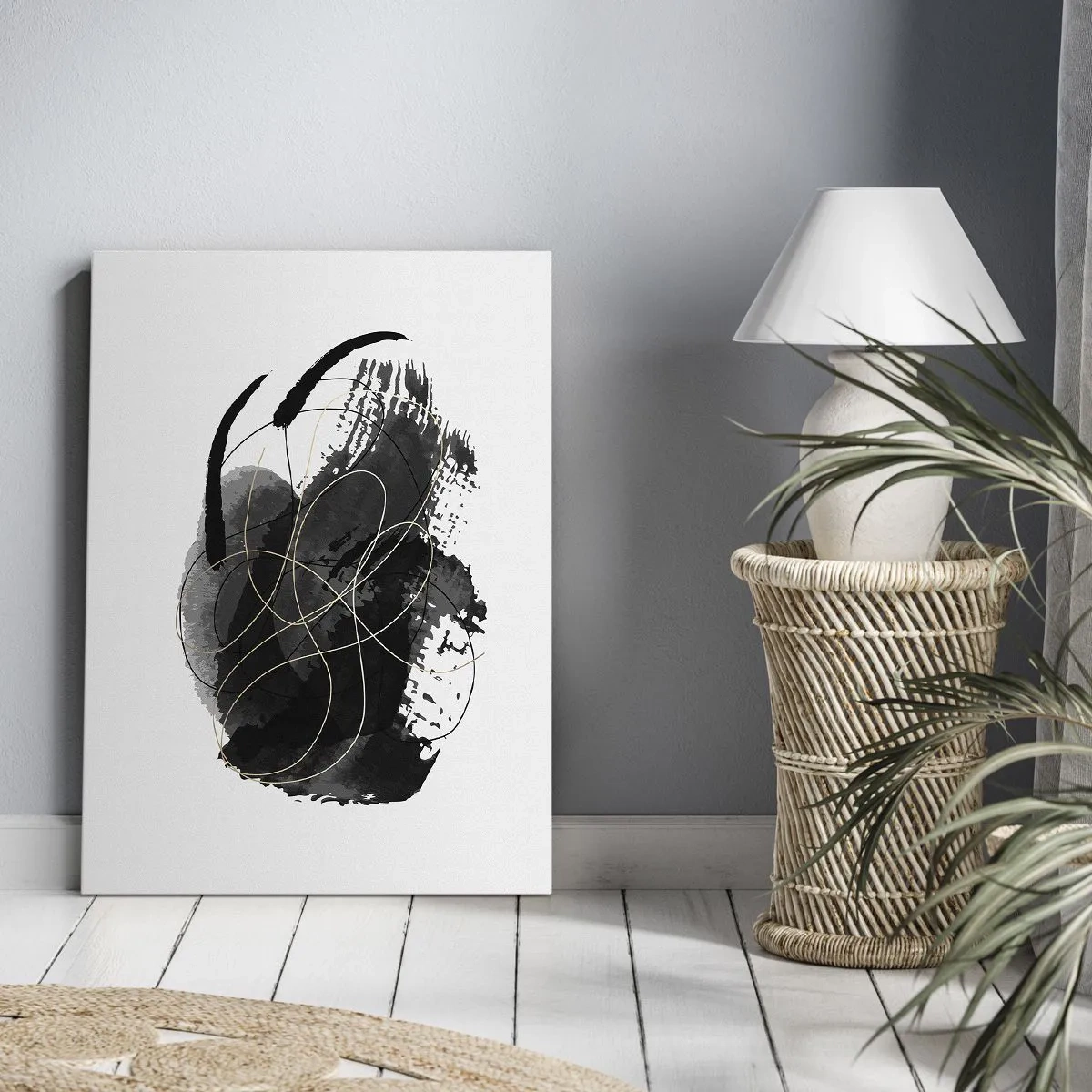 Bild auf Leinwand - Leinwandbild - Abstraktion in Schwarz und Gold auf weißem Hintergrund - 50x70cm - Aus Schwarz entstanden - Moderne Wanddekoration für Wohnzimmer und Schlafzimmer ARTTOR