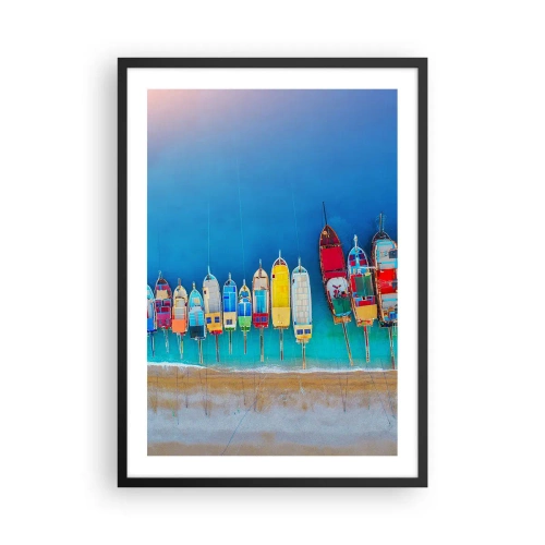Poster in einem schwarzem Rahmen - Bunte Boote auf dem blauen Meer - 50x70cm - Aus der Vogelperspektive - Moderne Wanddekoration für Wohnzimmer und Schlafzimmer ARTTOR