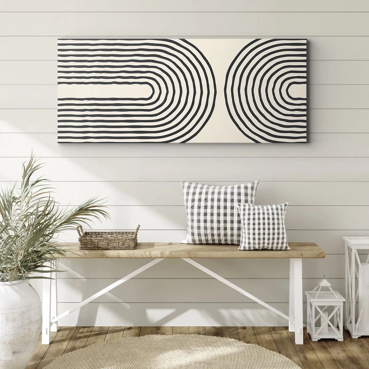 Bild auf Leinwand - Leinwandbild - Abstraktes geometrisches Muster mit symmetrischen Linien auf hellem Hintergrund - 140x50cm - In einem Moment ... - Moderne Wanddekoration für Wohnzimmer und Schlafzimmer ARTTOR