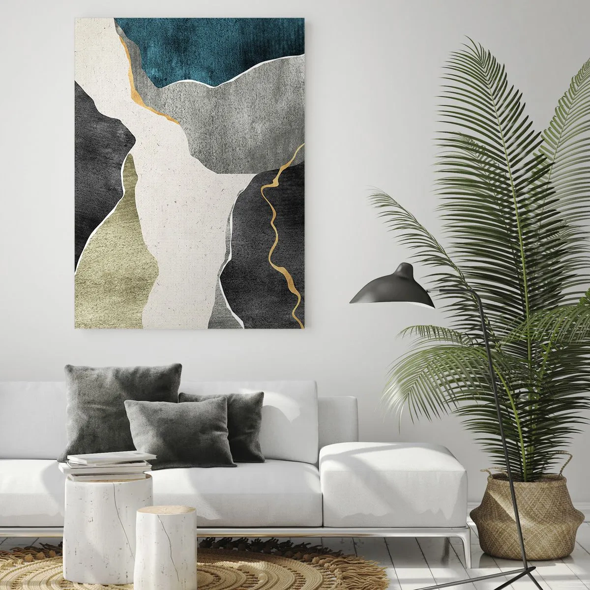 Glasbild - Bild auf glas - Geometrische Formen in Grau-, Grün- und Goldtönen - 80x120cm - Mosaikkomposition mit Goldfaden - Moderne Wanddekoration für Wohnzimmer und Schlafzimmer ARTTOR