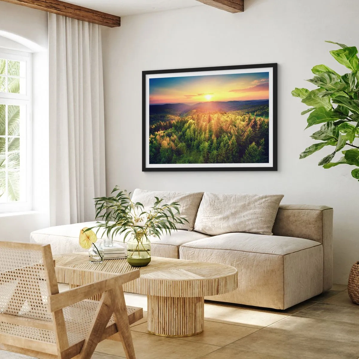 Poster in einem schwarzem Rahmen - Waldlandschaft mit Sonnenuntergang über den Hügeln - 100x70cm - Scheitelpunkte und Spitzen - Moderne Wanddekoration für Wohnzimmer und Schlafzimmer ARTTOR