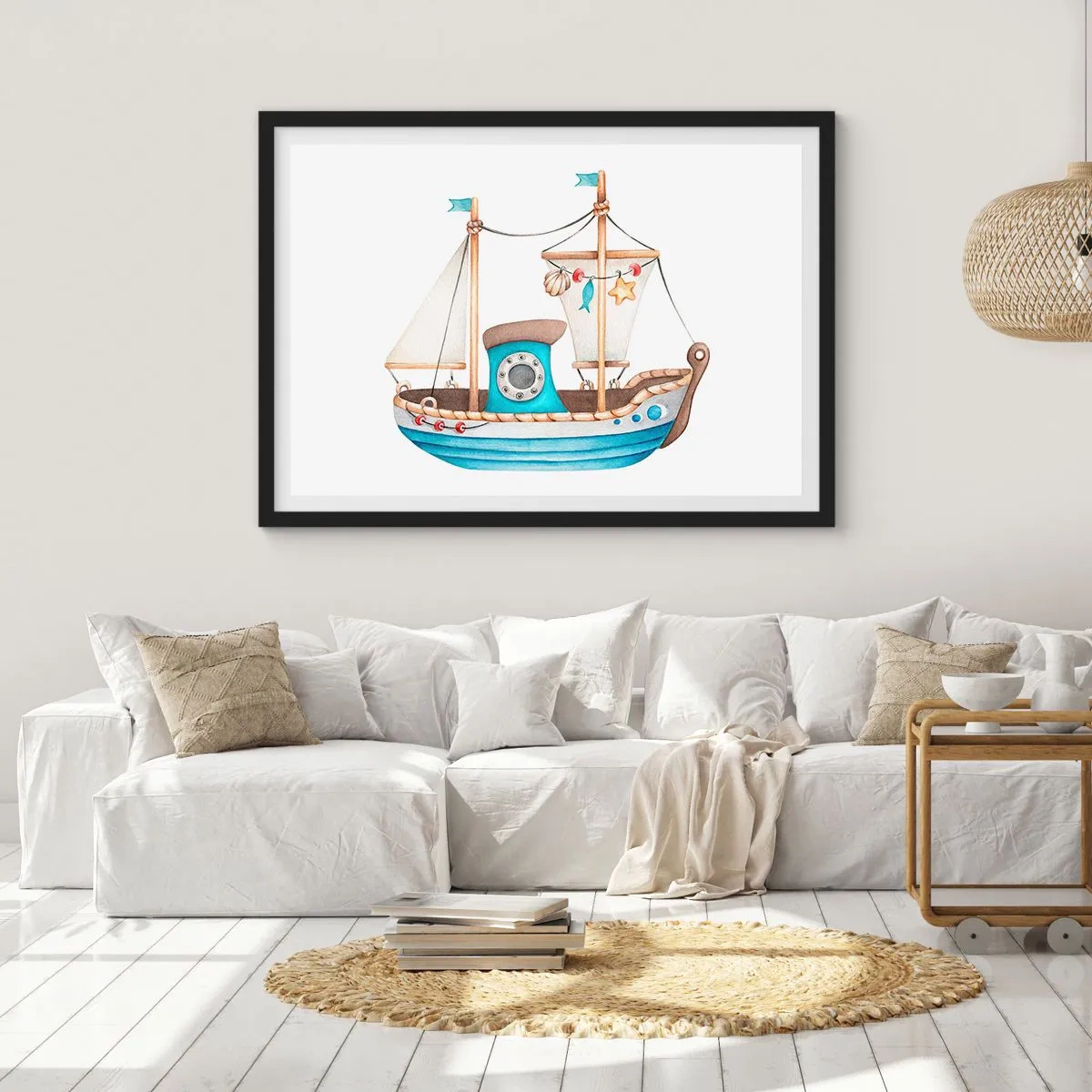Poster in einem schwarzem Rahmen - Abbildung eines Schiffes in Pastellfarben auf weißem Hintergrund - 70x50cm - Ahoi, Abenteuer! - Moderne Wanddekoration für Wohnzimmer und Schlafzimmer ARTTOR