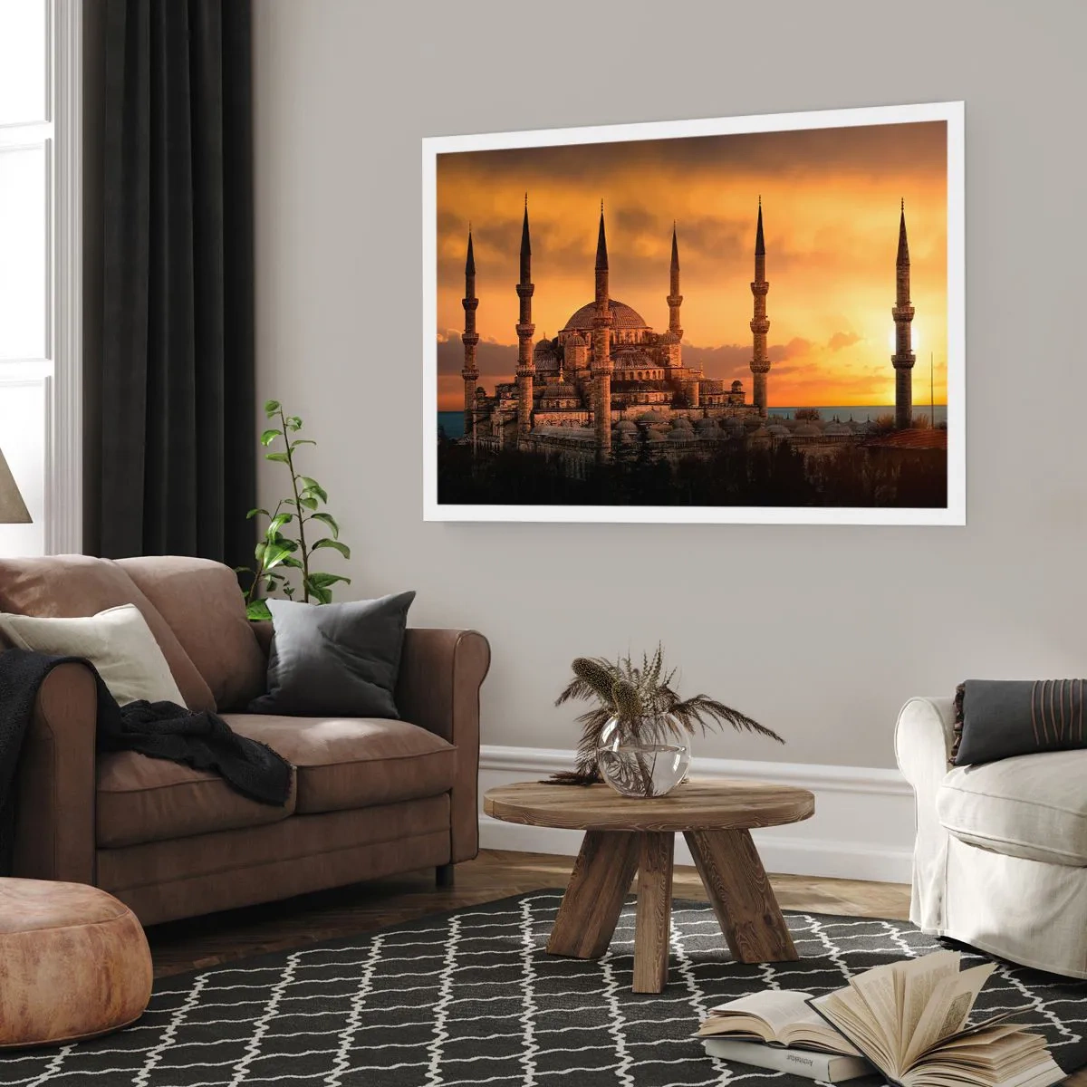 Poster - Die Moschee bei Sonnenuntergang in warmen Farben - 100x70cm - Gott ist großartig - Moderne Wanddekoration für Wohnzimmer und Schlafzimmer ARTTOR