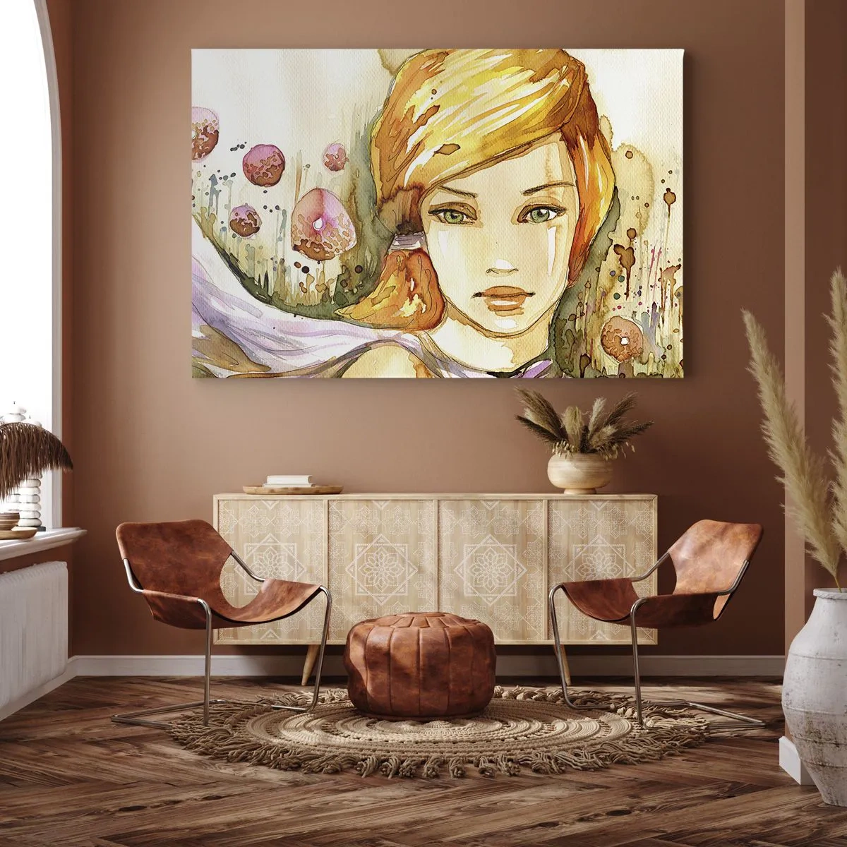 Bild auf Leinwand - Leinwandbild - Porträt einer Frau in Aquarellfarben mit intensivem Blick - 120x80cm - Ein smaragdgrüner Look, der die Wut beruhigt - Moderne Wanddekoration für Wohnzimmer und Schlafzimmer ARTTOR