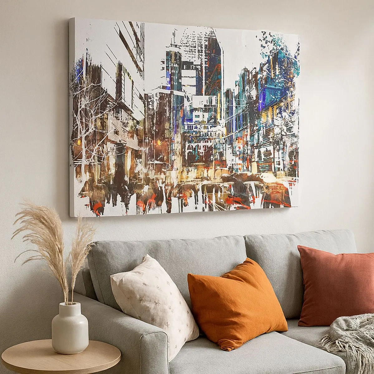 Bild auf Leinwand - Leinwandbild - Eine moderne Stadtlandschaft im künstlerischen Stil - 70x50cm - Eine schillernde Stadt - Moderne Wanddekoration für Wohnzimmer und Schlafzimmer ARTTOR