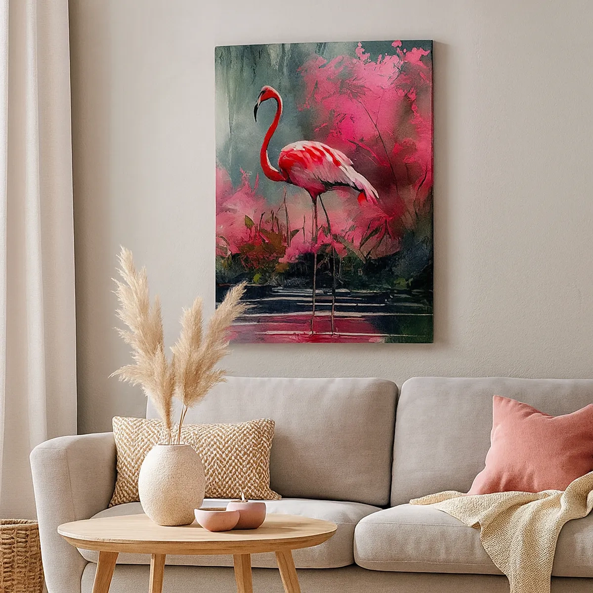 Bild auf Leinwand - Leinwandbild - Flamingos am Wasser, umgeben von Vegetation - 50x70cm - Lektion in natürlicher Anmut - Moderne Wanddekoration für Wohnzimmer und Schlafzimmer ARTTOR