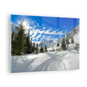 Glasbild - Bild auf glas - Winterliche Berglandschaft mit Wald und blauem Himmel - 70x50cm - Im Schnee und in der Sonne - Moderne Wanddekoration für Wohnzimmer und Schlafzimmer ARTTOR