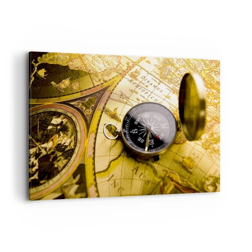 Bild auf Leinwand - Leinwandbild - Ein antiker Kompass vor dem Hintergrund einer alten Weltkarte - 100x70cm - Oder vielleicht bis ans Ende der Welt? - Moderne Wanddekoration für Wohnzimmer und Schlafzimmer ARTTOR