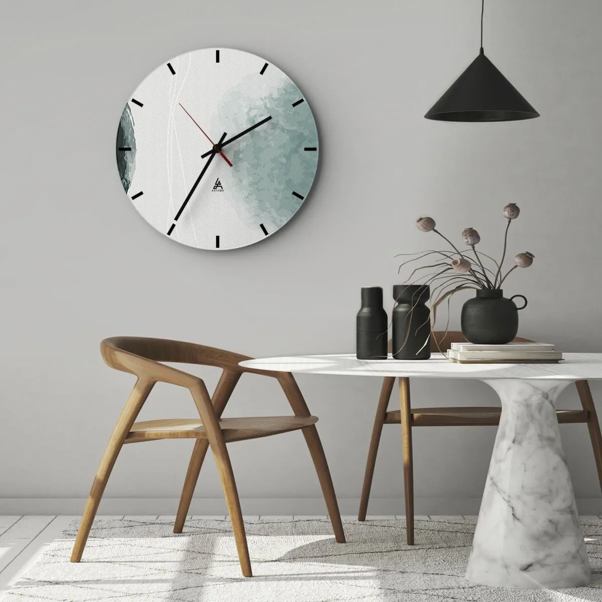Wanduhr - Glasuhr - Eine dezente Abstraktion mit grünen Flecken auf hellem Hintergrund - 30x30cm - Begegnung mit Nebel - Moderne Wanddekoration für Wohnzimmer, Küche und Schlafzimmer ARTTOR