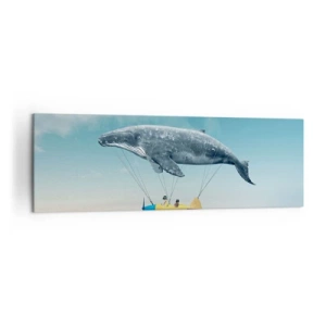 Bild auf Leinwand - Leinwandbild - Ein fliegender Wal trägt ein Flugzeug in einer surrealen Umgebung. - 160x50cm - Warum nicht? - Moderne Wanddekoration für Wohnzimmer und Schlafzimmer ARTTOR