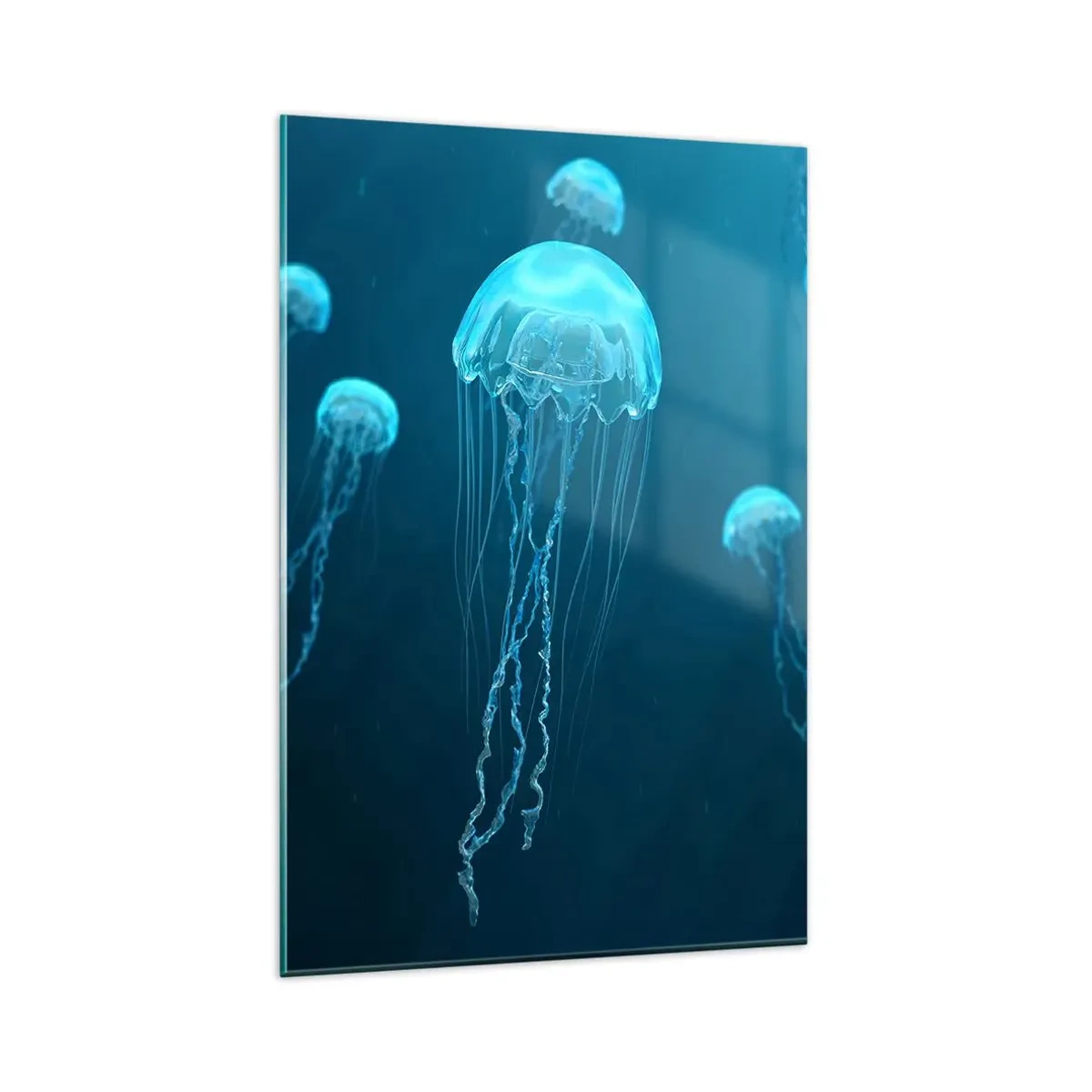 Glasbild - Bild auf glas - Quallen schwimmen in den Tiefen des Ozeans in Blautönen - 80x120cm - Ozeantanz - Moderne Wanddekoration für Wohnzimmer und Schlafzimmer ARTTOR