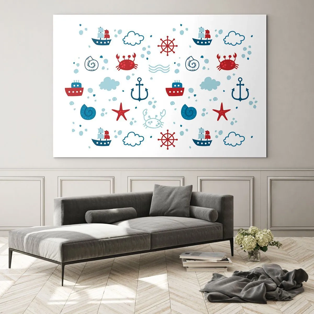 Glasbild - Bild auf glas - Nautische Muster mit Krabben, Ankern und Schiffen - 70x50cm - Märchen vom Meer - Moderne Wanddekoration für Wohnzimmer und Schlafzimmer ARTTOR