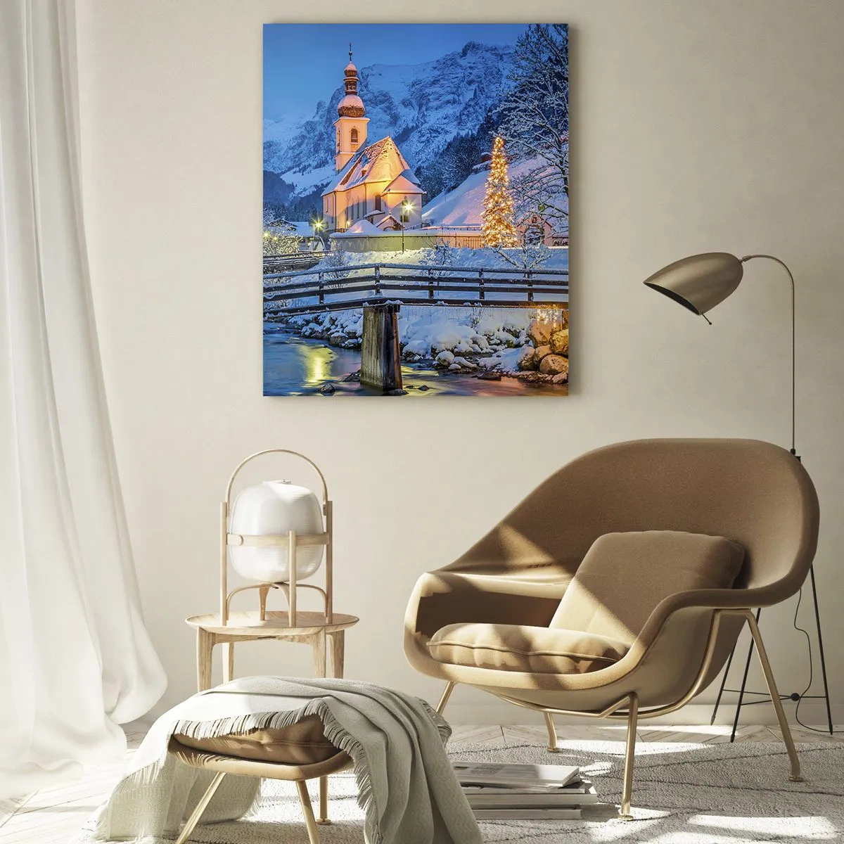 Glasbild - Bild auf glas - Winterlandschaft mit Kirche, Brücke und Bergen in der Abenddämmerung - 70x100cm - Weihnachtsgeist - Moderne Wanddekoration für Wohnzimmer und Schlafzimmer ARTTOR