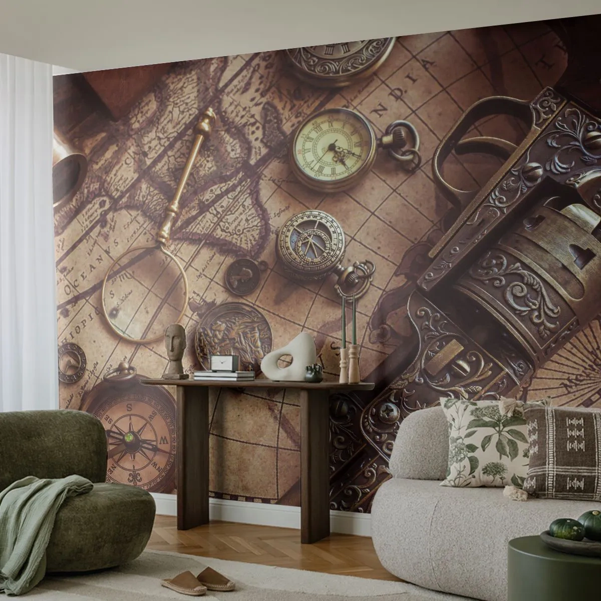 Fototapete Premium Canvas - Das Abenteuer ruft - Weltkarte, Kompass, Revolver - 250x175 cm