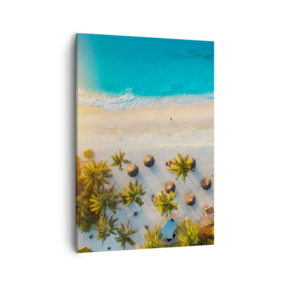 Bild auf Leinwand - Leinwandbild - Blick auf einen tropischen Strand mit Palmen und türkisfarbenem Meer - 50x70cm - Willkommen im Paradies - Moderne Wanddekoration für Wohnzimmer und Schlafzimmer ARTTOR