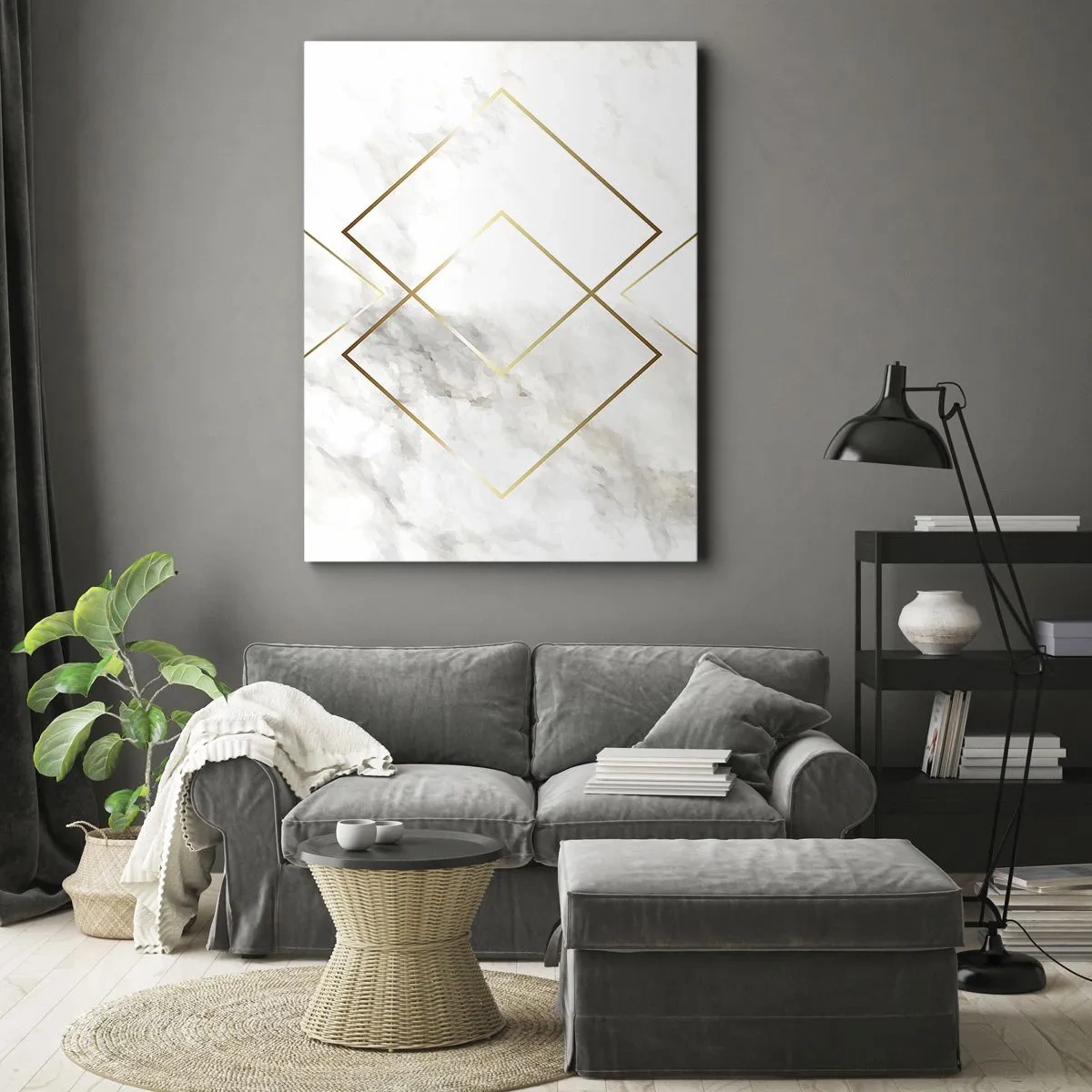 Bild auf Leinwand - Leinwandbild - Minimalistische goldene Rauten auf Marmorhintergrund - 50x70cm - Ein Blick in die Unendlichkeit - Moderne Wanddekoration für Wohnzimmer und Schlafzimmer ARTTOR