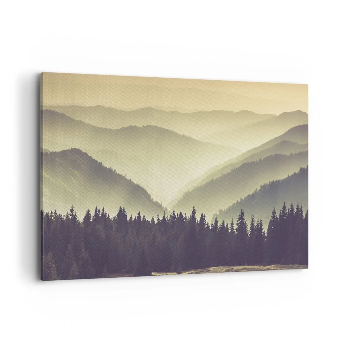 Bild auf Leinwand - Leinwandbild - Malerische Bergketten im Nebel in warmem Licht - 100x70cm - Hinter den sieben Bergen ... - Moderne Wanddekoration für Wohnzimmer und Schlafzimmer ARTTOR