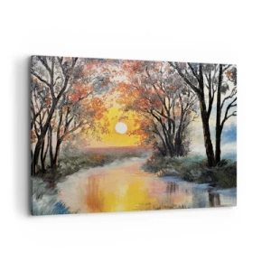 Bild auf Leinwand - Leinwandbild - Sonnenuntergang über dem Fluss in einer Herbstlandschaft - 100x70cm - Herbststimmung - Moderne Wanddekoration für Wohnzimmer und Schlafzimmer ARTTOR