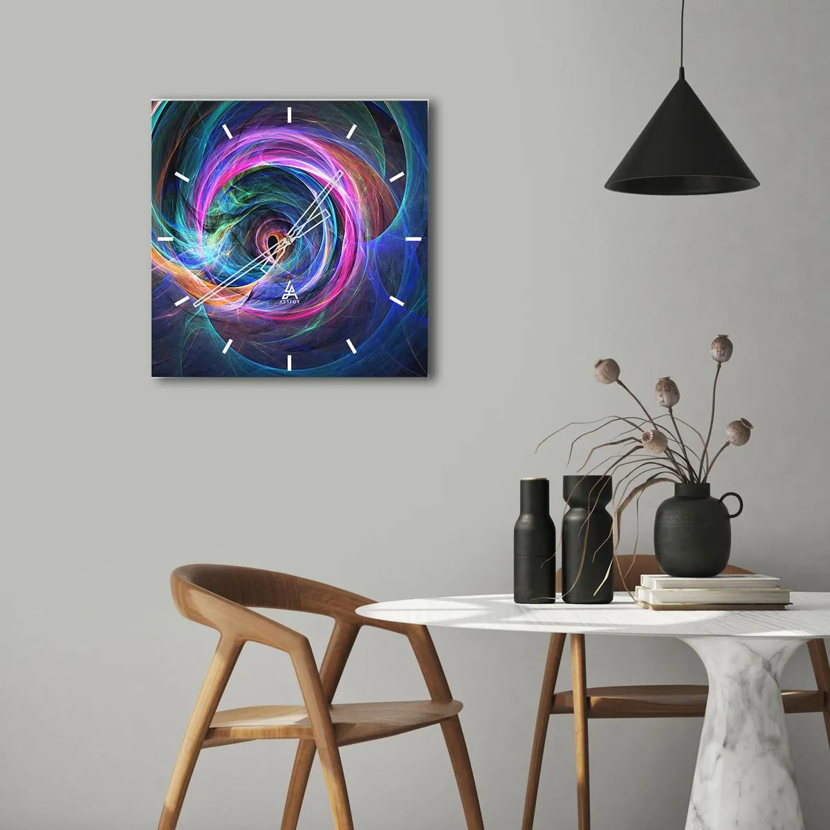 Wanduhr - Glasuhr - Ein abstrakter Farbwirbel in Lila-, Rosa- und Blautönen. - 30x30cm - Wohin wirst du mich bringen? - Moderne Wanddekoration für Wohnzimmer und Schlafzimmer ARTTOR