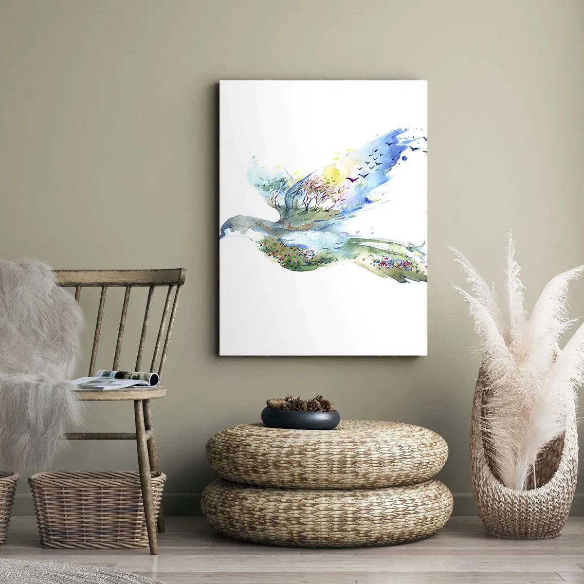 Bild auf Leinwand - Leinwandbild - Aquarellkomposition eines Vogels mit Elementen der Natur - 80x120cm - Auf den Flügeln der Natur - Moderne Wanddekoration für Wohnzimmer und Schlafzimmer ARTTOR
