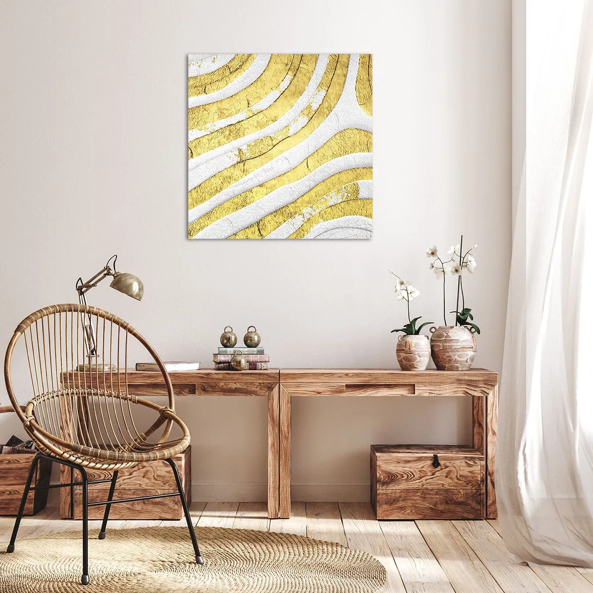 Bild auf Leinwand - Leinwandbild - Komposition in Weiß und Gold - 70x70 cm