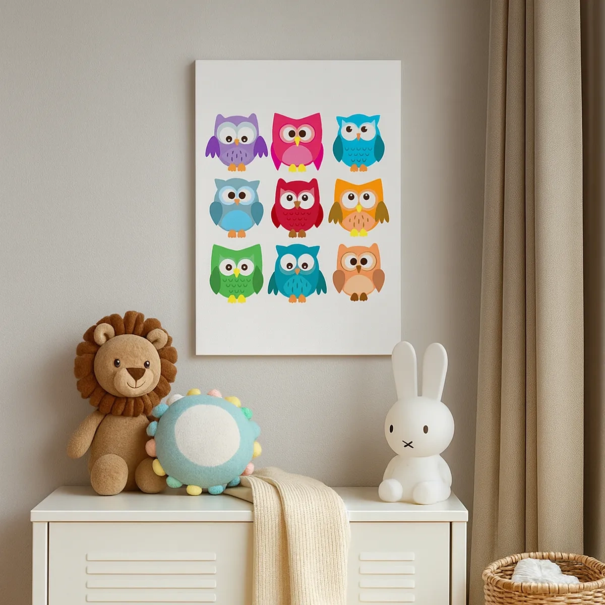 Bild auf Leinwand - Leinwandbild - Bunte Eulenillustrationen im kindlichen Stil - 50x70cm - Es macht Spaß, anders zu sein - Moderne Wanddekoration für Wohnzimmer und Schlafzimmer ARTTOR