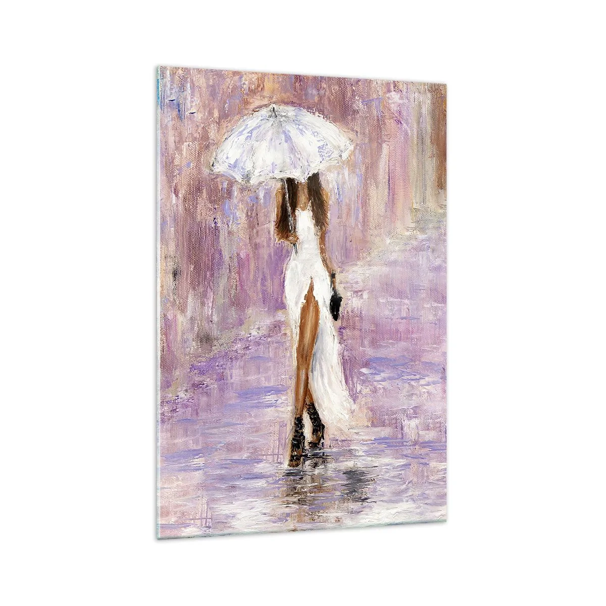 Glasbild - Bild auf glas - Eine Frau mit einem Regenschirm, die im Regen in Fliedertönen läuft - 70x100cm - Im lila Regen - Moderne Wanddekoration für Wohnzimmer und Schlafzimmer ARTTOR