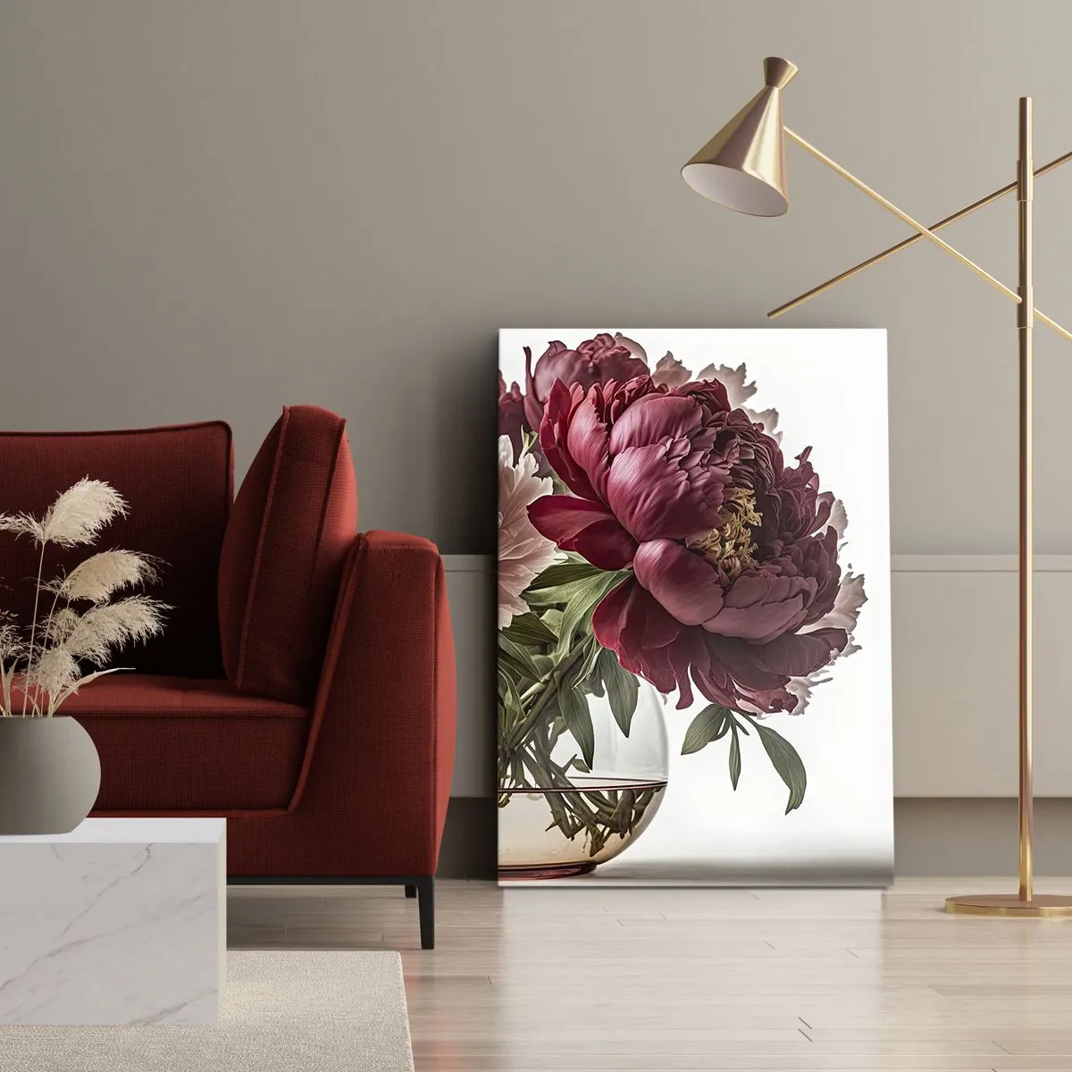 Bild auf Leinwand - Leinwandbild - Ein Strauß Pfingstrosen in Rosa- und Rottönen - 70x100cm - In voller Schönheit - Moderne Wanddekoration für Wohnzimmer und Schlafzimmer ARTTOR