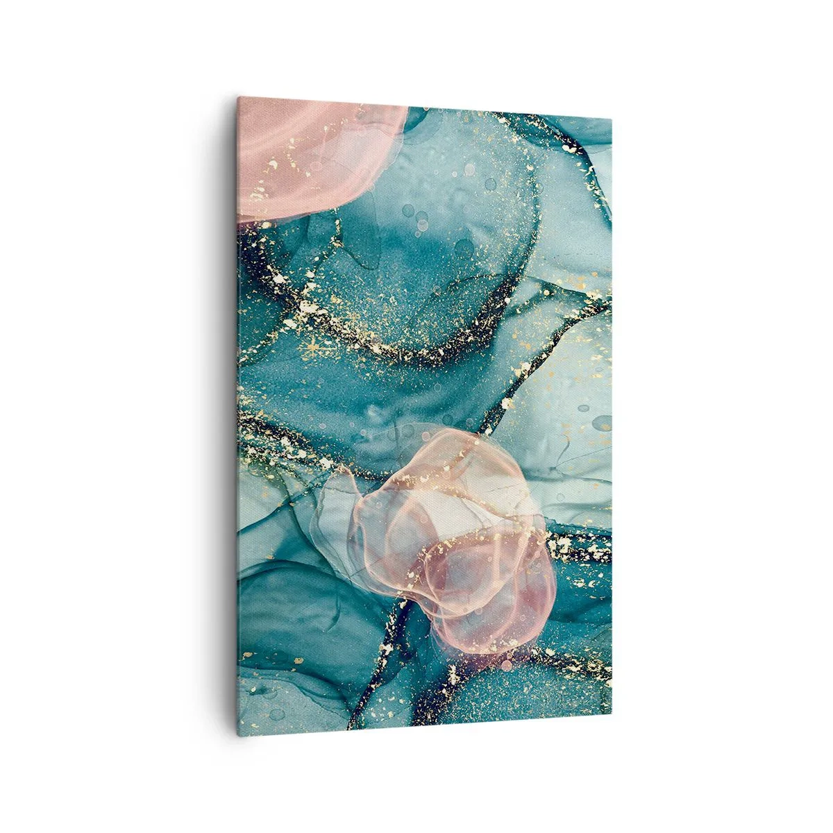 Bild auf Leinwand - Leinwandbild - Eine abstrakte Komposition in Türkis- und Goldtönen. - 80x120cm - Seidenblau, Tüllrosa - Moderne Wanddekoration für Wohnzimmer und Schlafzimmer ARTTOR