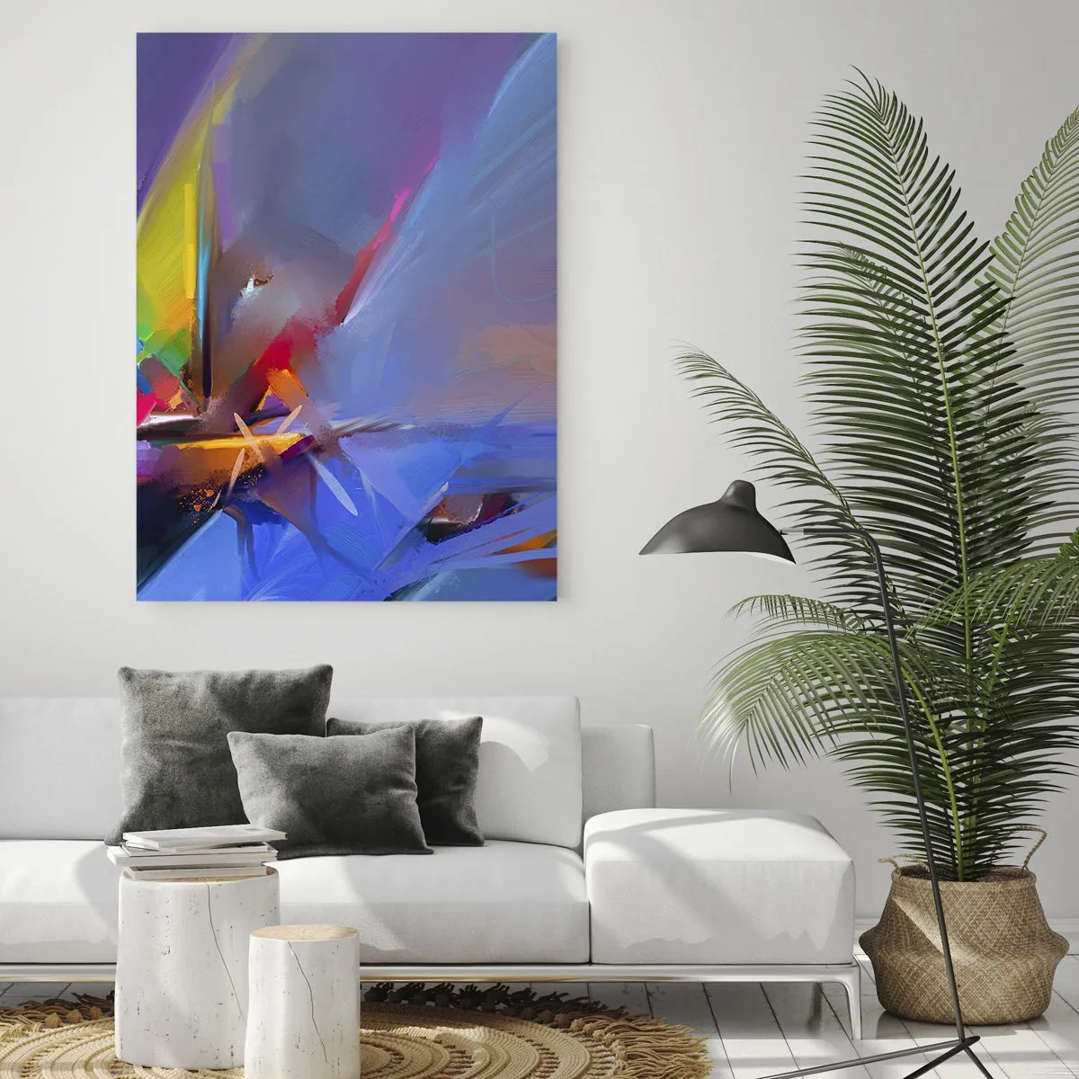 Glasbild - Bild auf glas - Abstrakte Propeller in leuchtenden Farben vor einem pastellfarbenen Himmel - 50x70cm - Propeller wie ein Vogel - Moderne Wanddekoration für Wohnzimmer und Schlafzimmer ARTTOR