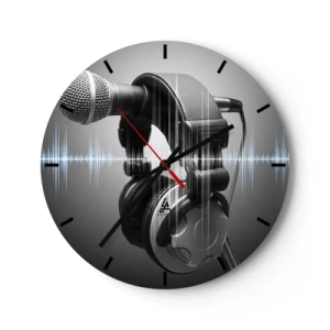Wanduhr - Glasuhr - Mikrofon und Kopfhörer mit Schallwelle auf grauem Hintergrund - 30x30cm - Du kannst immer noch den Gesang hören - Moderne Wanddekoration für Wohnzimmer, Küche und Schlafzimmer ARTTOR
